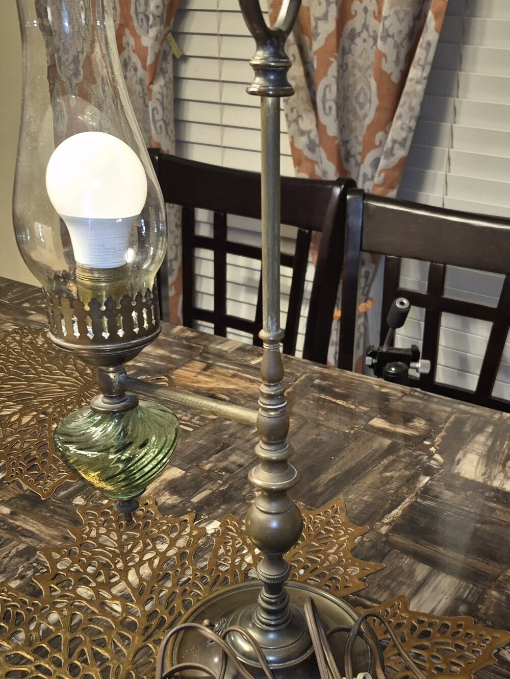 Vintage Brass and Green Swirl Glass Accent Lamp - Unbranded